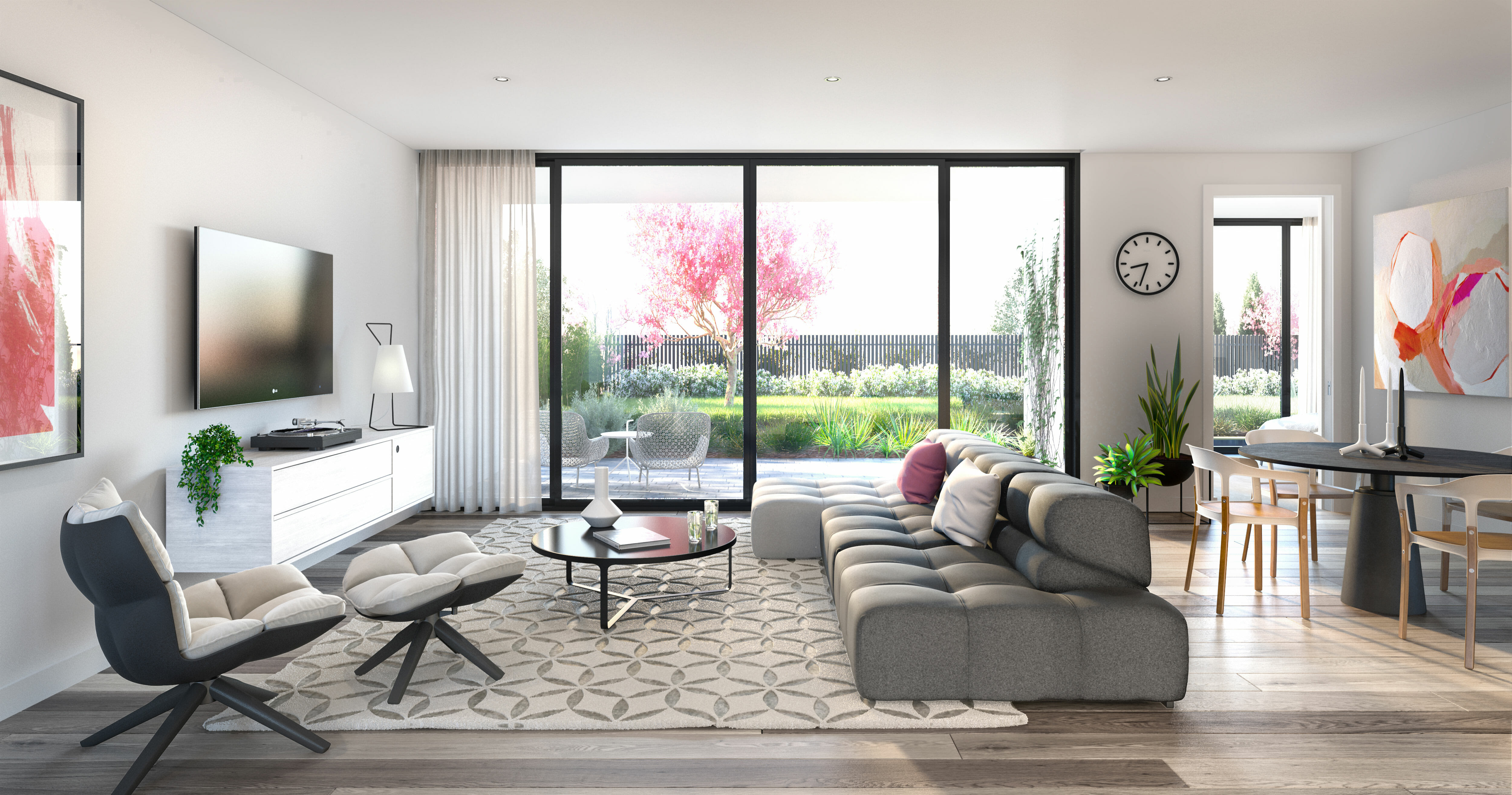 Interior 3d Render living room and garden, cherry blossom